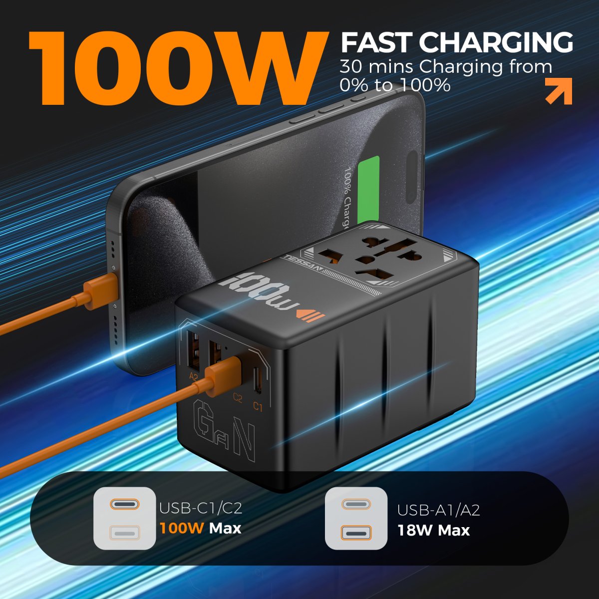 TESSAN 100W Universal Travel Adapter with USB Ports, GaN Fast Charging (Type C/G/A/l)