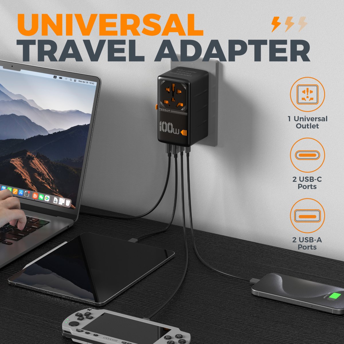 TESSAN 100W Universal Travel Adapter with USB Ports, GaN Fast Charging (Type C/G/A/l)