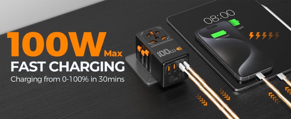 TESSAN 100W Universal Travel Adapter with USB Ports, GaN Fast Charging (Type C/G/A/l)