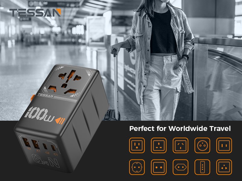 TESSAN 100W Universal Travel Adapter with USB Ports, GaN Fast Charging (Type C/G/A/l)