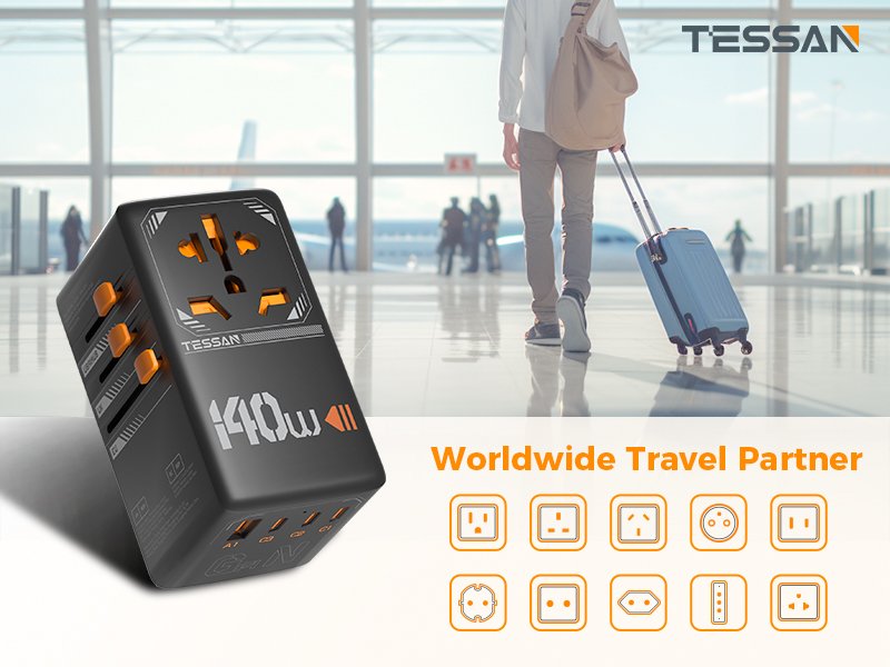 TESSAN 140W Universal Travel Adapter With USB Ports, GaN Fast Charging (Type C/G/A/I)