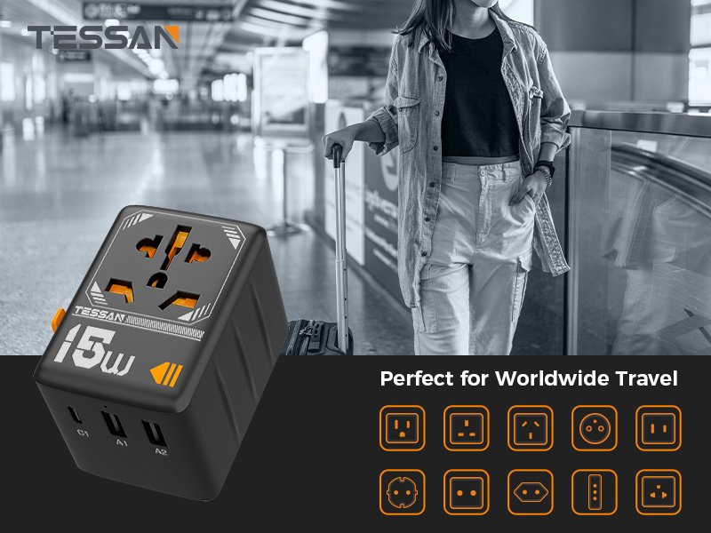 TESSAN 15W International Travel Plug Adapter with 2USB-A and 1 USB-C