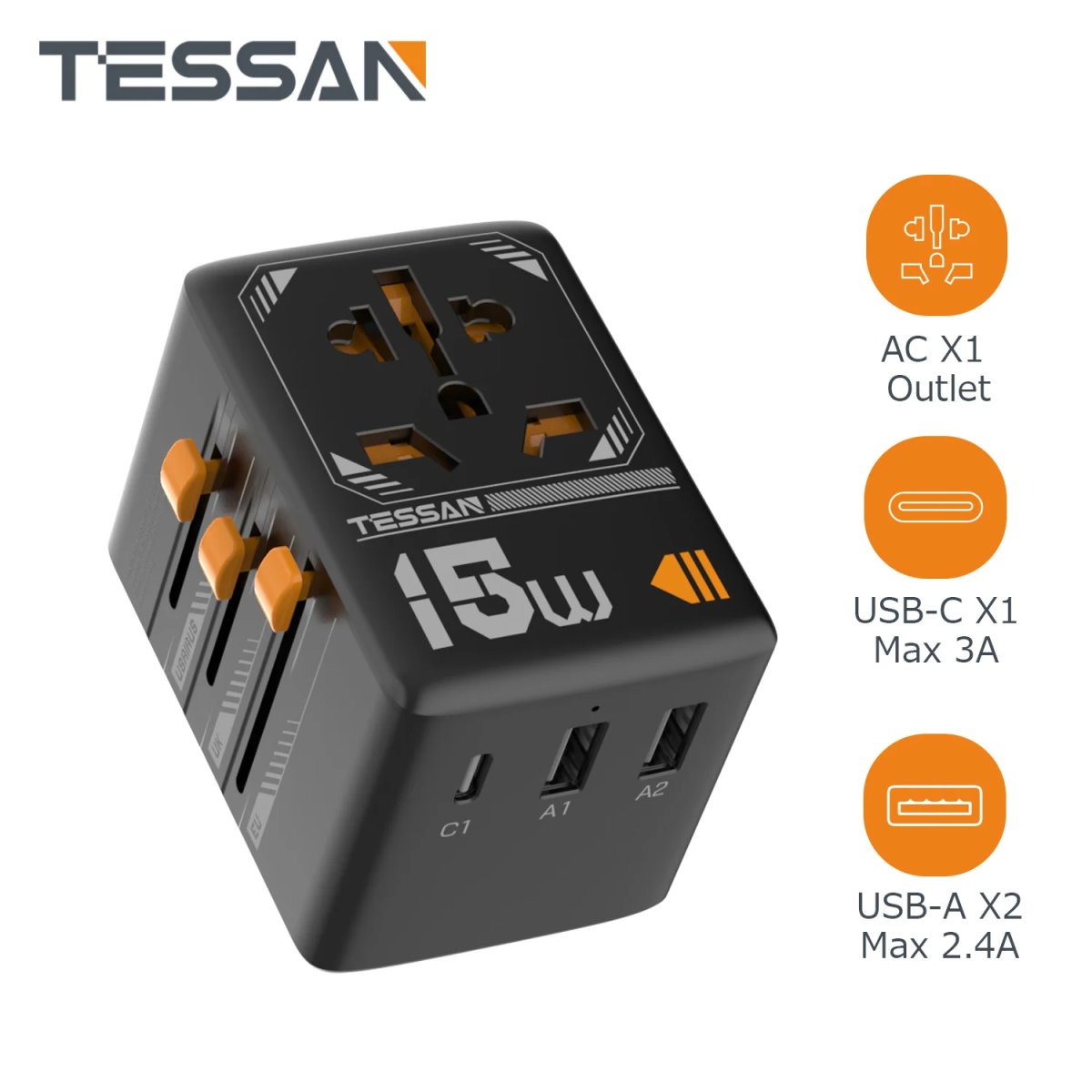 TESSAN 15W International Travel Plug Adapter with 2USB-A and 1 USB-C