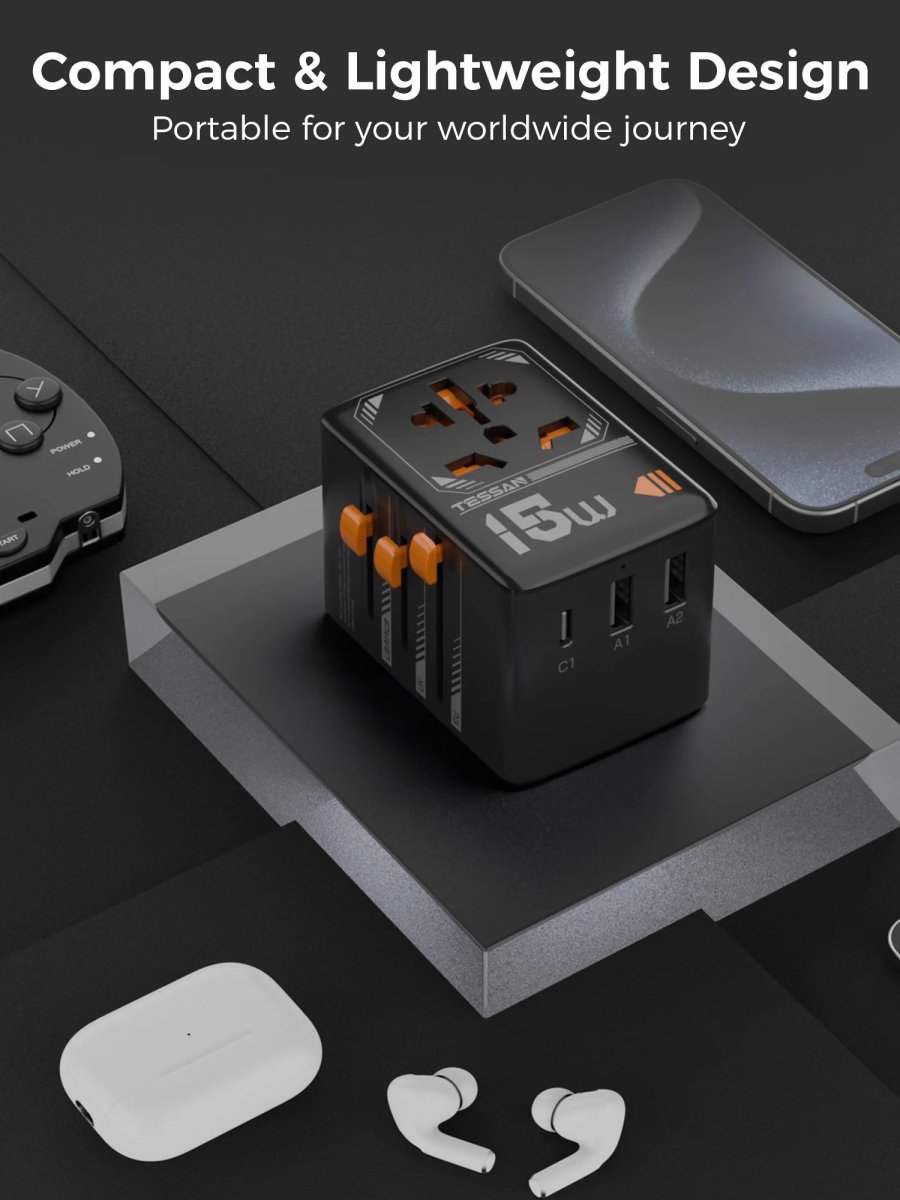 TESSAN 15W International Travel Plug Adapter with 2USB-A and 1 USB-C