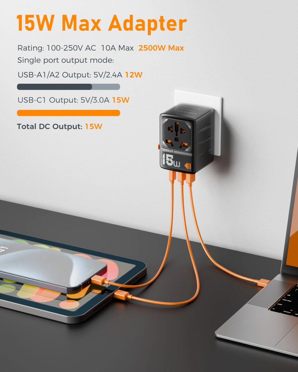 TESSAN 15W International Travel Plug Adapter with 2USB-A and 1 USB-C