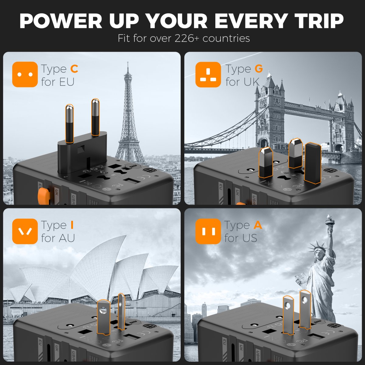 TESSAN 65W Universal Travel Plug with 2USB-A and 2 USB-C