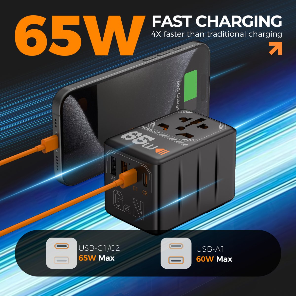 TESSAN 65W Universal Travel Plug with 2USB-A and 2 USB-C
