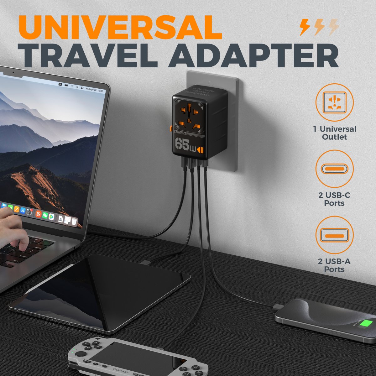 TESSAN 65W Universal Travel Plug with 2USB-A and 2 USB-C