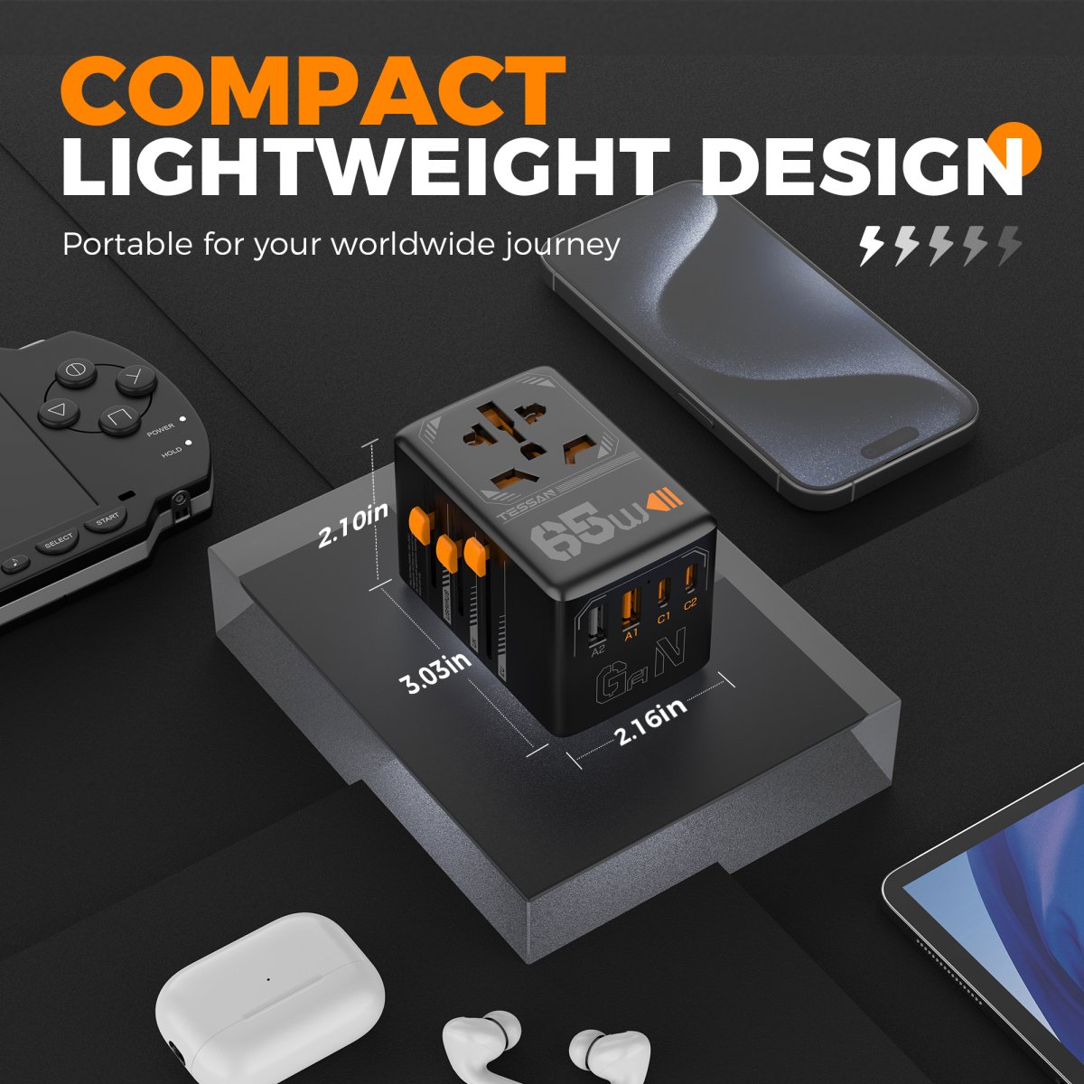 TESSAN 65W Universal Travel Plug with 2USB-A and 2 USB-C