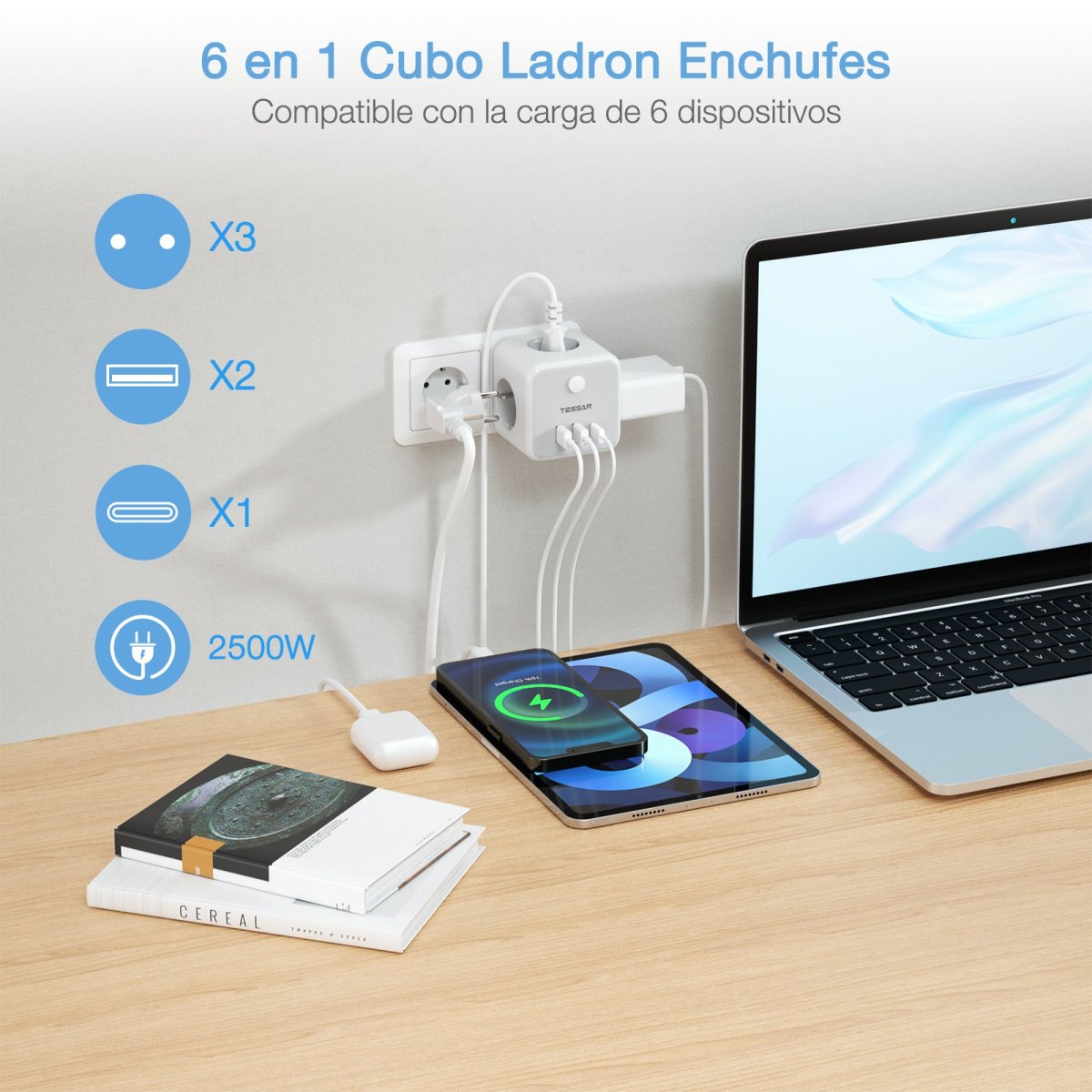 TESSAN European 3-Way Wall Outlet with 3 USB, Socket Cube, Multiple Plugs with Switch, Cube Sockets for Office