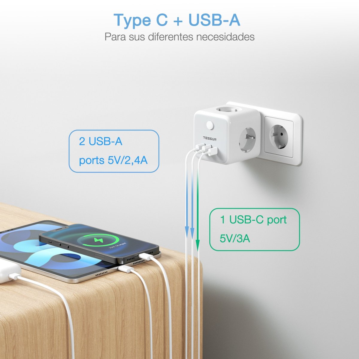TESSAN European 3-Way Wall Outlet with 3 USB, Socket Cube, Multiple Plugs with Switch, Cube Sockets for Office