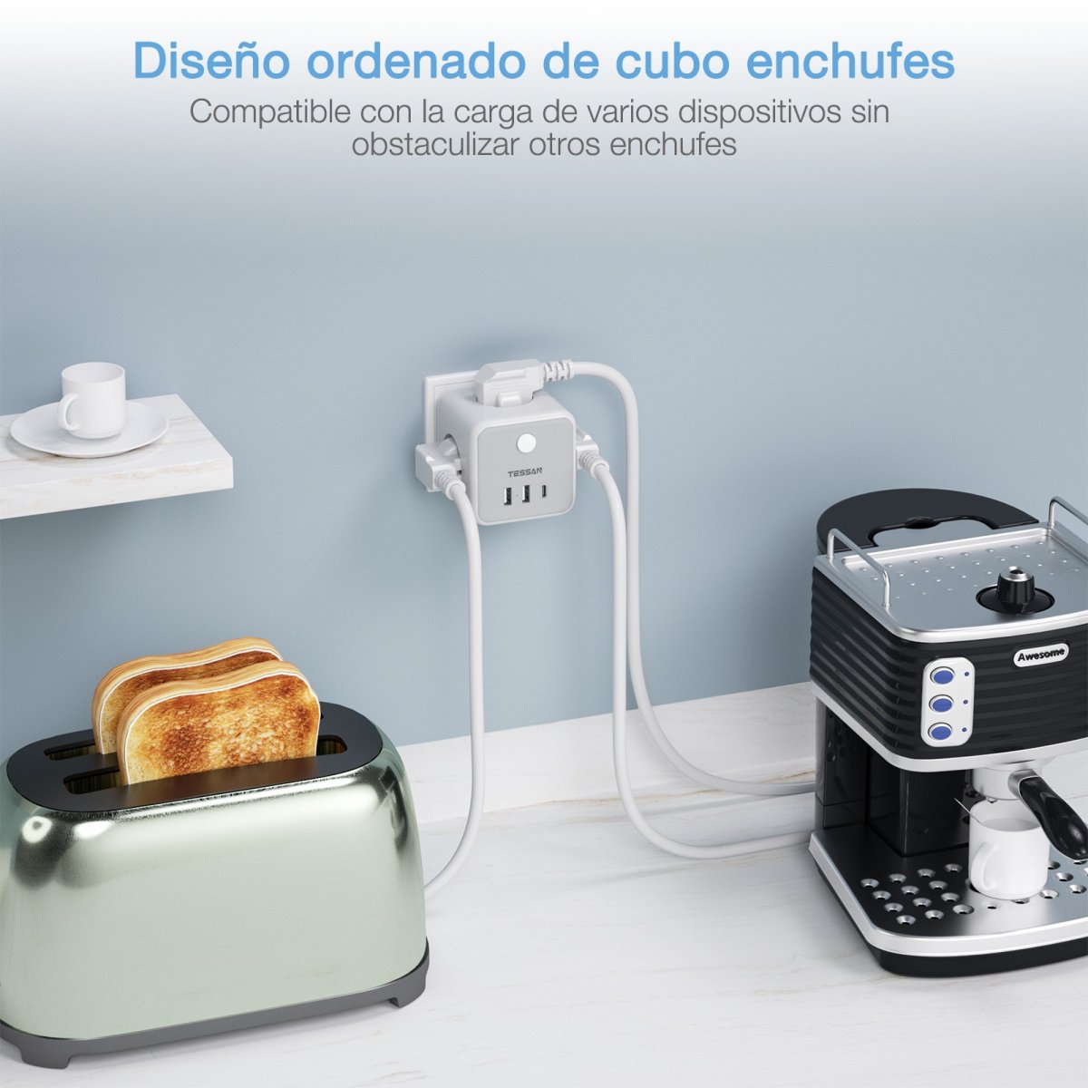 TESSAN European 3-Way Wall Outlet with 3 USB, Socket Cube, Multiple Plugs with Switch, Cube Sockets for Office