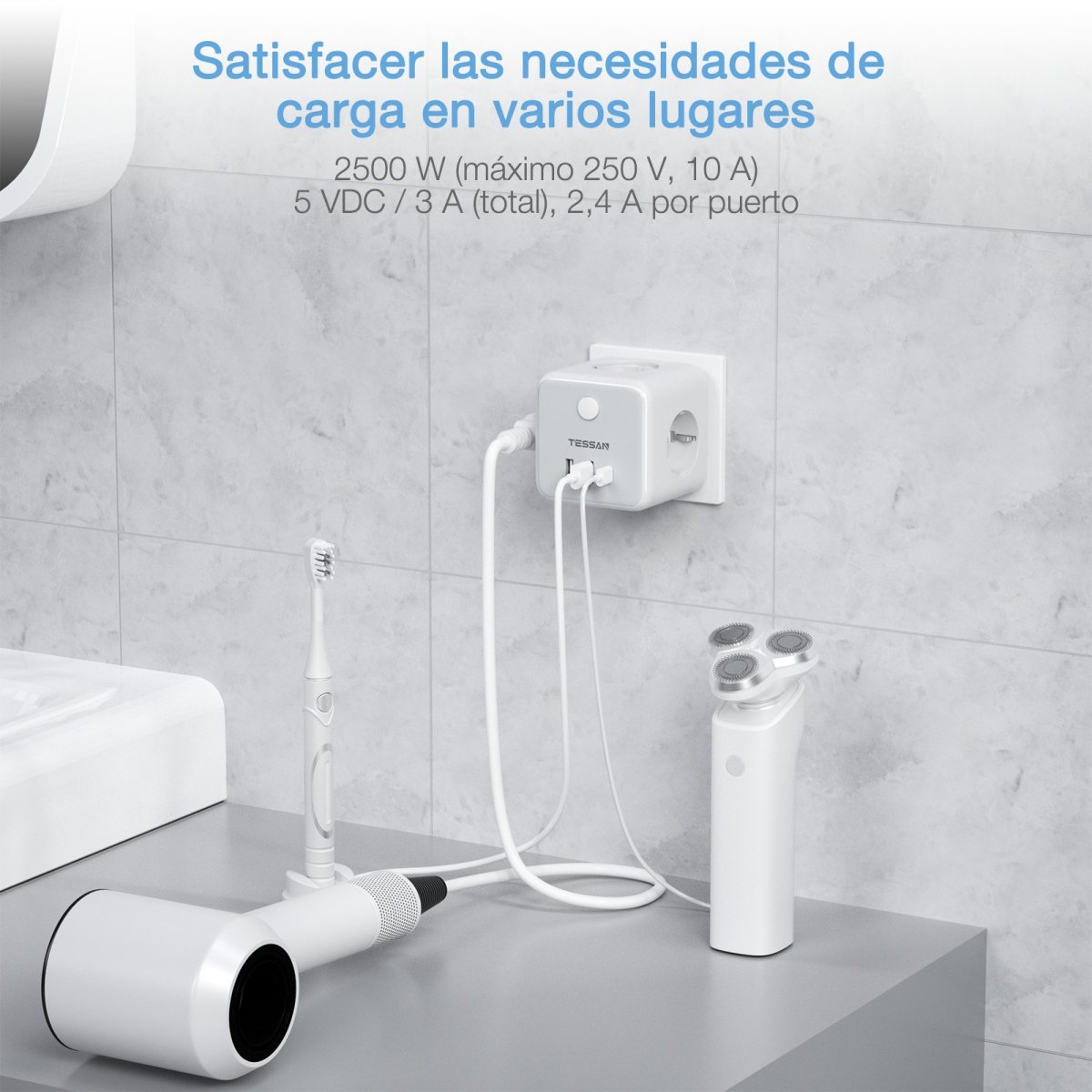 TESSAN European 3-Way Wall Outlet with 3 USB, Socket Cube, Multiple Plugs with Switch, Cube Sockets for Office