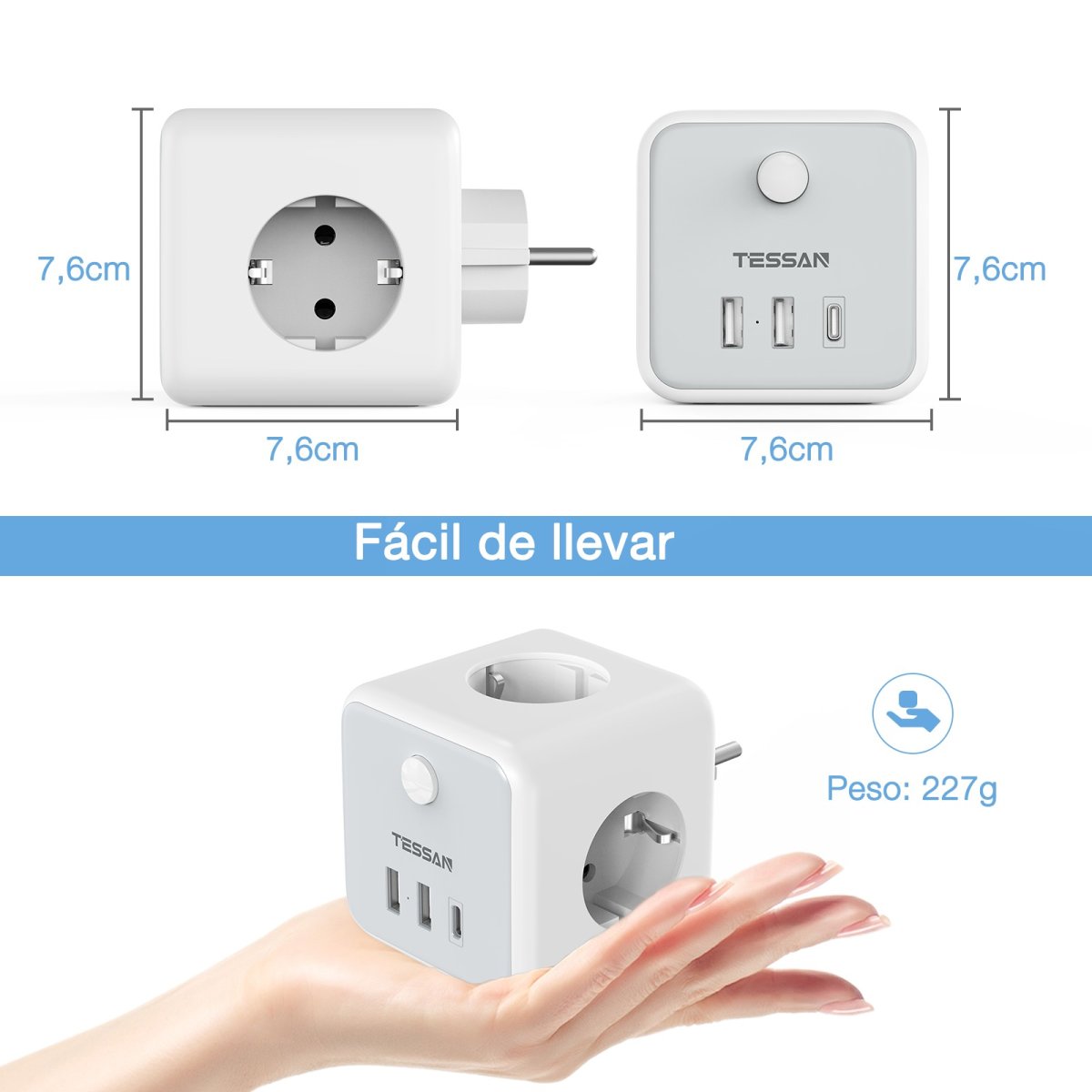 TESSAN European 3-Way Wall Outlet with 3 USB, Socket Cube, Multiple Plugs with Switch, Cube Sockets for Office