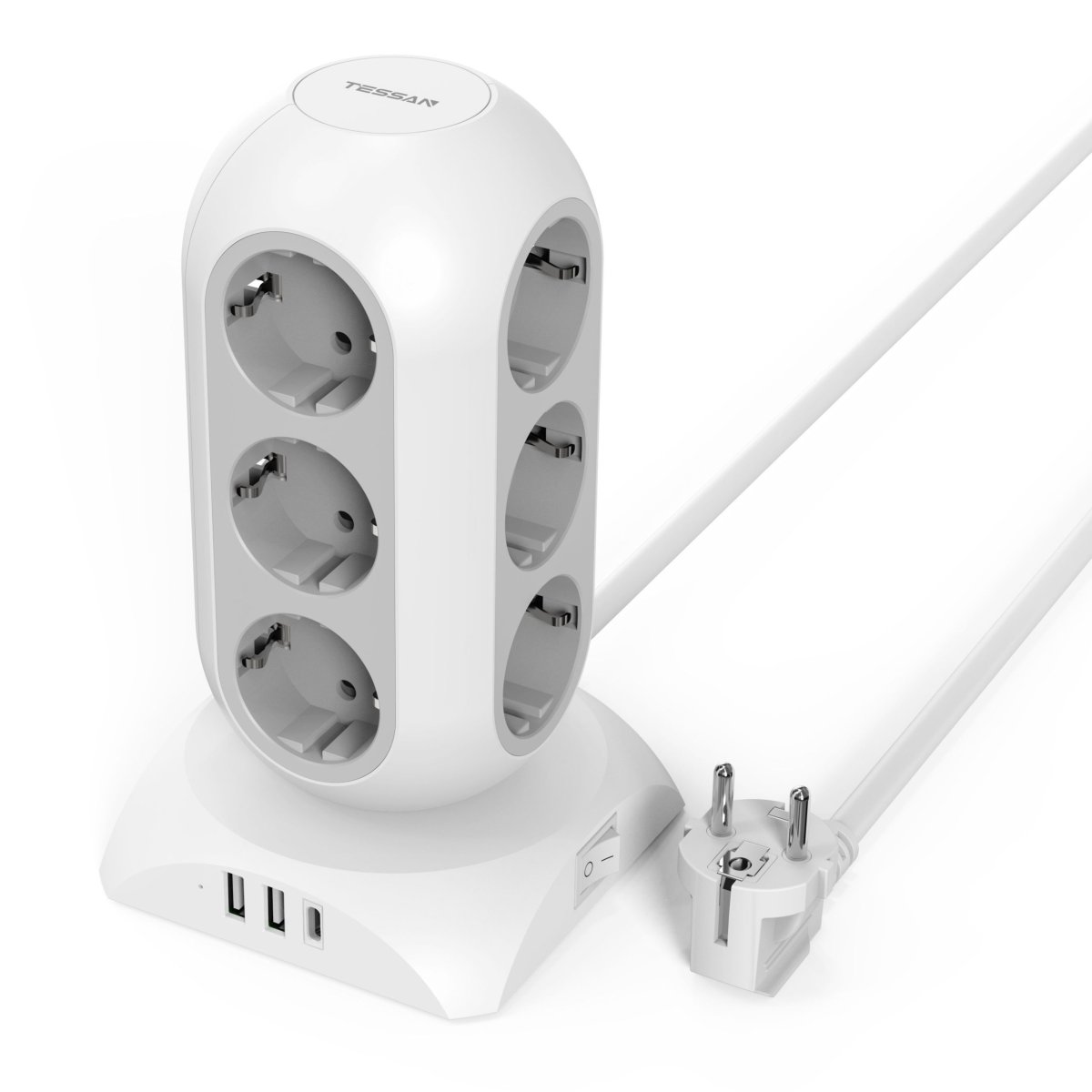 TESSAN European 3600W Tower Power Strip with 3 USB, Multiple Sockets 2M Extension Cable, Multiple Plugs with 12 Outlets and USB C