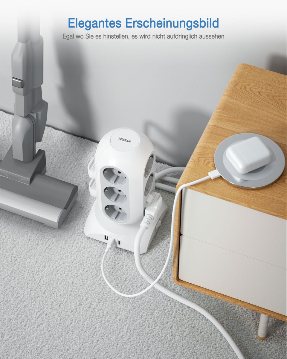 TESSAN European 3600W Tower Power Strip with 3 USB, Multiple Sockets 2M Extension Cable, Multiple Plugs with 12 Outlets and USB C