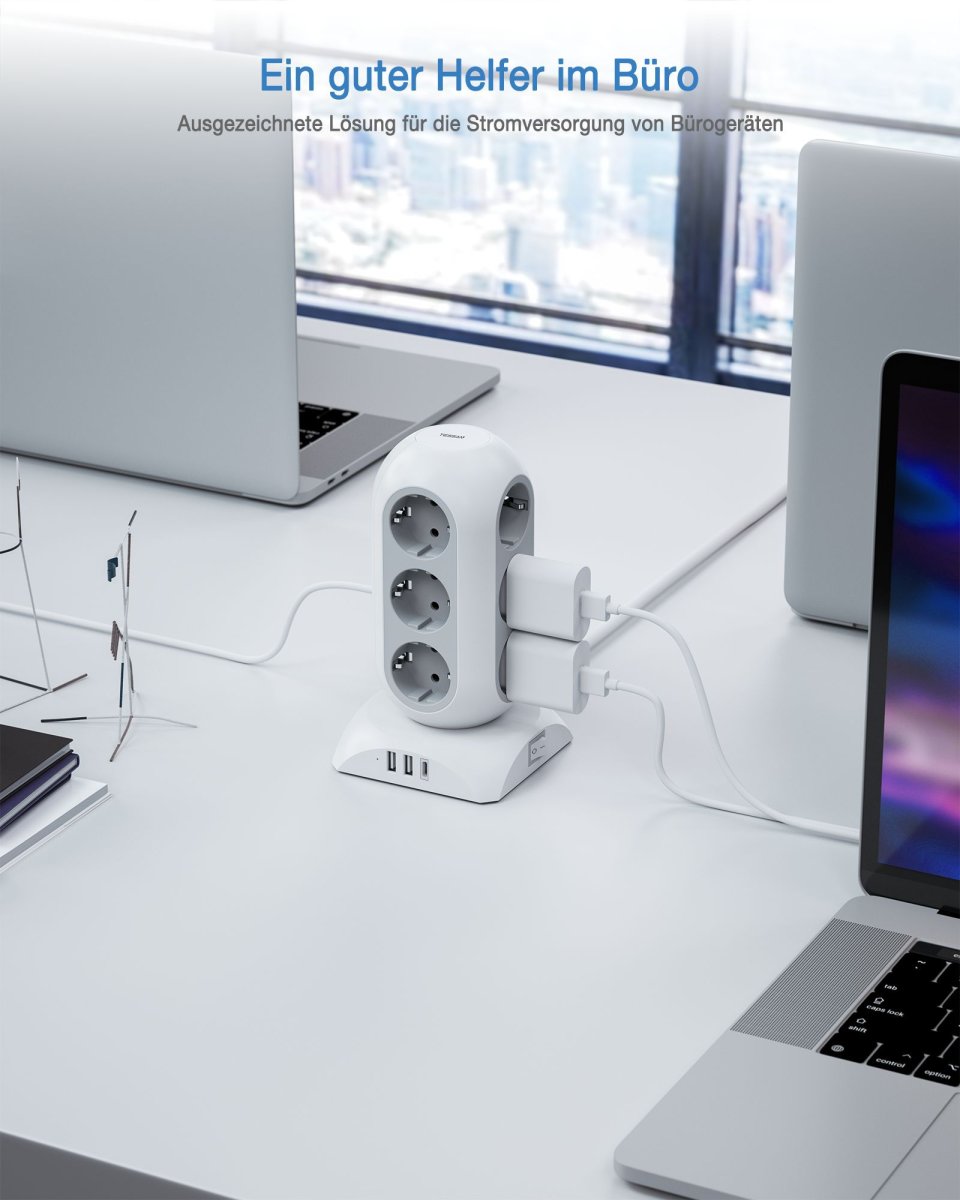 TESSAN European 3600W Tower Power Strip with 3 USB, Multiple Sockets 2M Extension Cable, Multiple Plugs with 12 Outlets and USB C