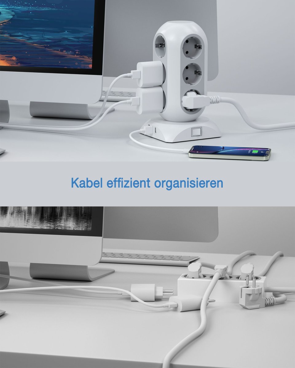 TESSAN European 3600W Tower Power Strip with 3 USB, Multiple Sockets 2M Extension Cable, Multiple Plugs with 12 Outlets and USB C