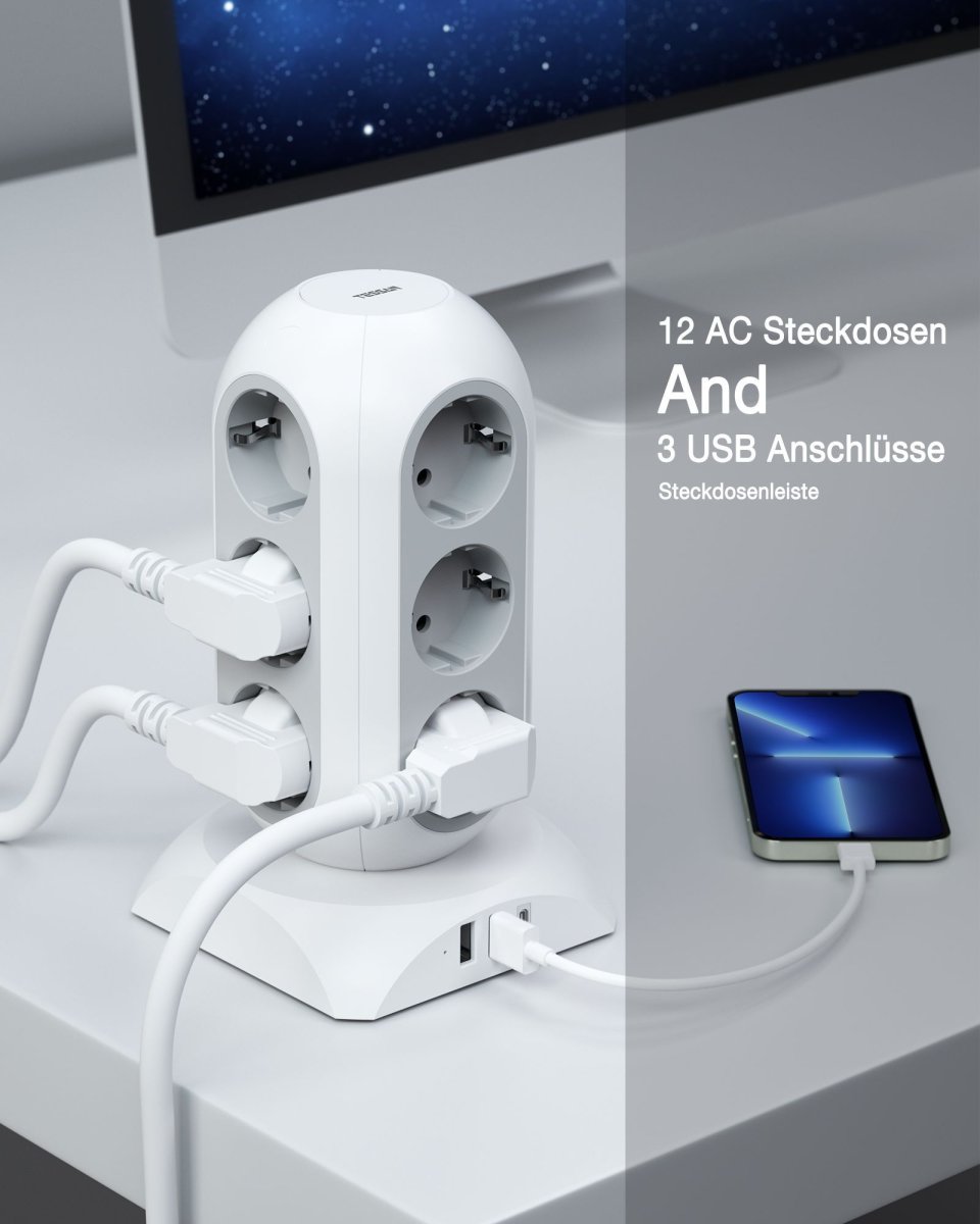 TESSAN European 3600W Tower Power Strip with 3 USB, Multiple Sockets 2M Extension Cable, Multiple Plugs with 12 Outlets and USB C