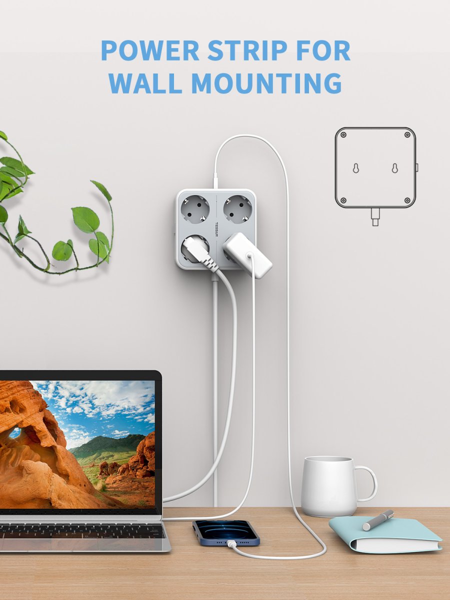 TESSAN European 4 Outlets Power Strip, 7-in-1 Multiple DE Plug with Switch, 2M Cable and USB C Extension Cord