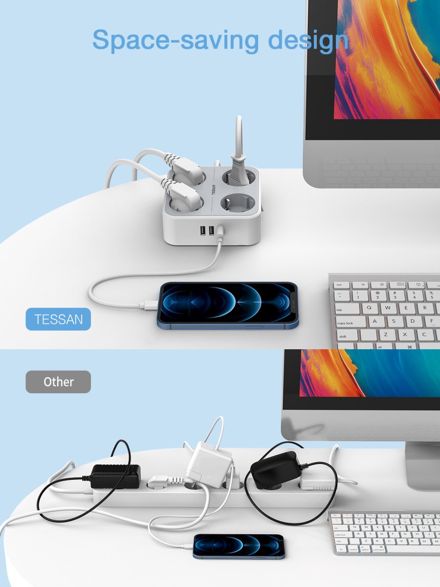 TESSAN European 4 Outlets Power Strip, 7-in-1 Multiple DE Plug with Switch, 2M Cable and USB C Extension Cord
