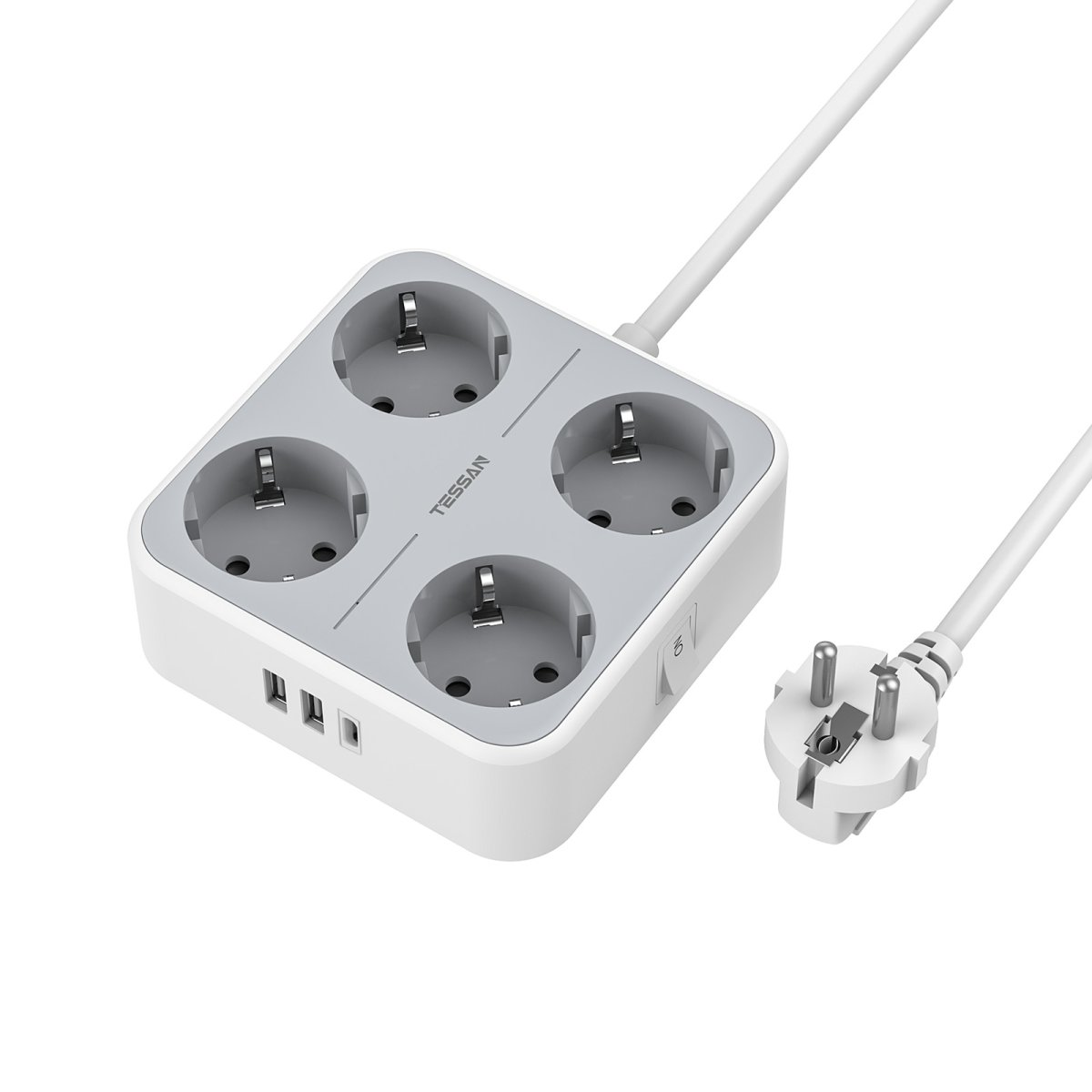 TESSAN European 4 Outlets Power Strip, 7-in-1 Multiple DE Plug with Switch, 2M Cable and USB C Extension Cord