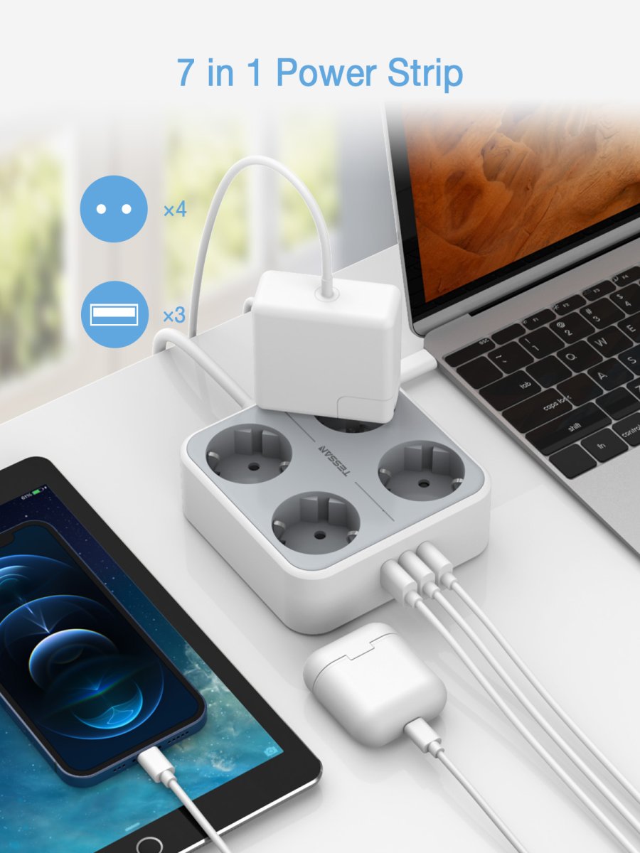 TESSAN European 4 Outlets Power Strip, 7-in-1 Multiple DE Plug with Switch, 2M Cable and USB C Extension Cord