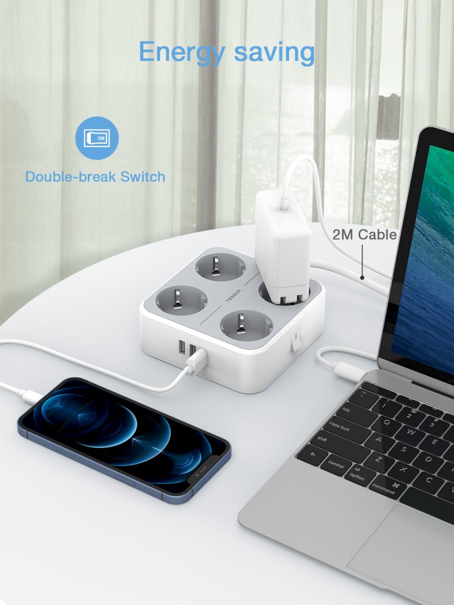 TESSAN European 4 Outlets Power Strip, 7-in-1 Multiple DE Plug with Switch, 2M Cable and USB C Extension Cord