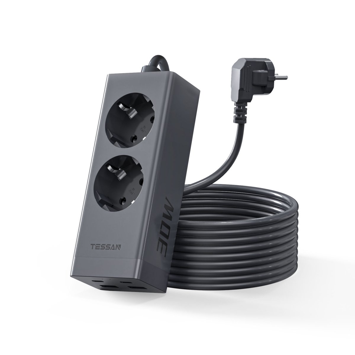 TESSAN European 6-Way Extension Cords with 30W Fast Charging, Multiple Plugs with 2 USB C, 3600W Power Strip