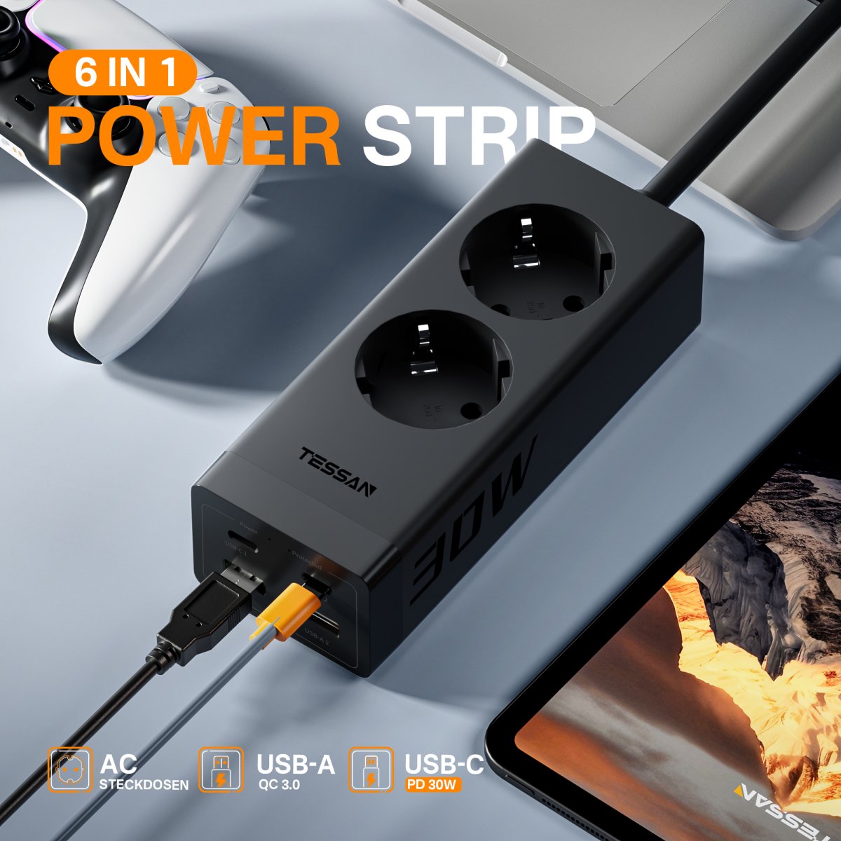 TESSAN European 6-Way Extension Cords with 30W Fast Charging, Multiple Plugs with 2 USB C, 3600W Power Strip