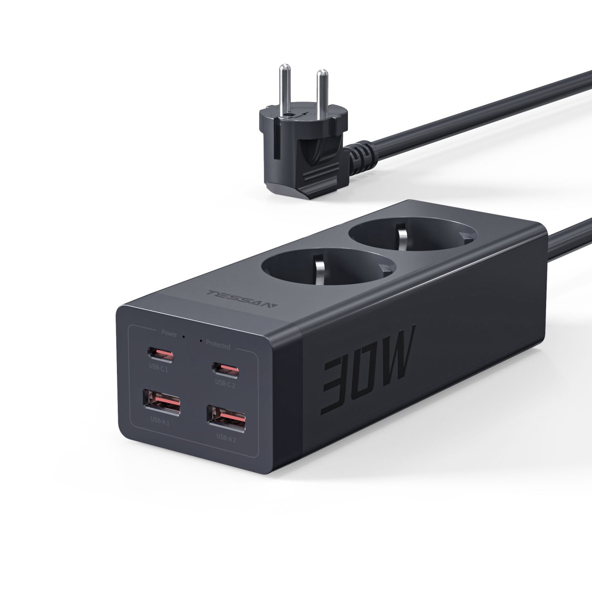 TESSAN European 6-Way Extension Cords with 30W Fast Charging, Multiple Plugs with 2 USB C, 3600W Power Strip