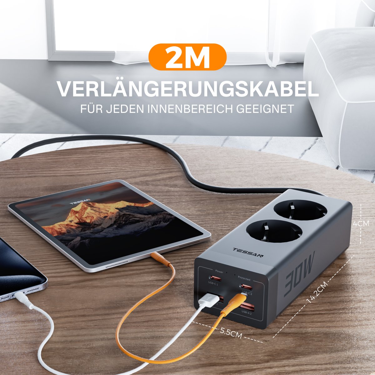 TESSAN European 6-Way Extension Cords with 30W Fast Charging, Multiple Plugs with 2 USB C, 3600W Power Strip