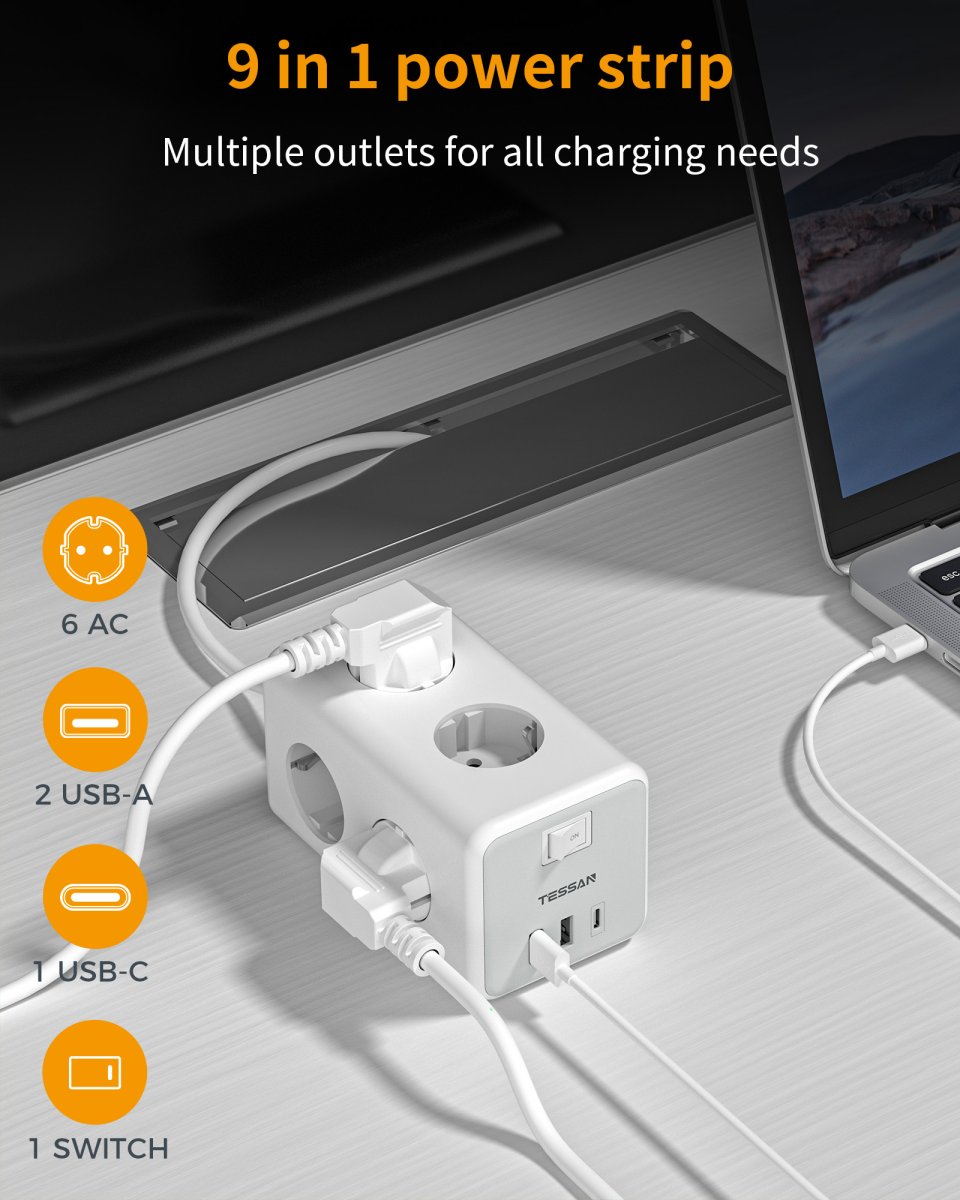 TESSAN European 6-Way Extension Cords with USB C, 9-in-1 Power Strip with Switch, Wall Mounting Multiple Plugs 3600W