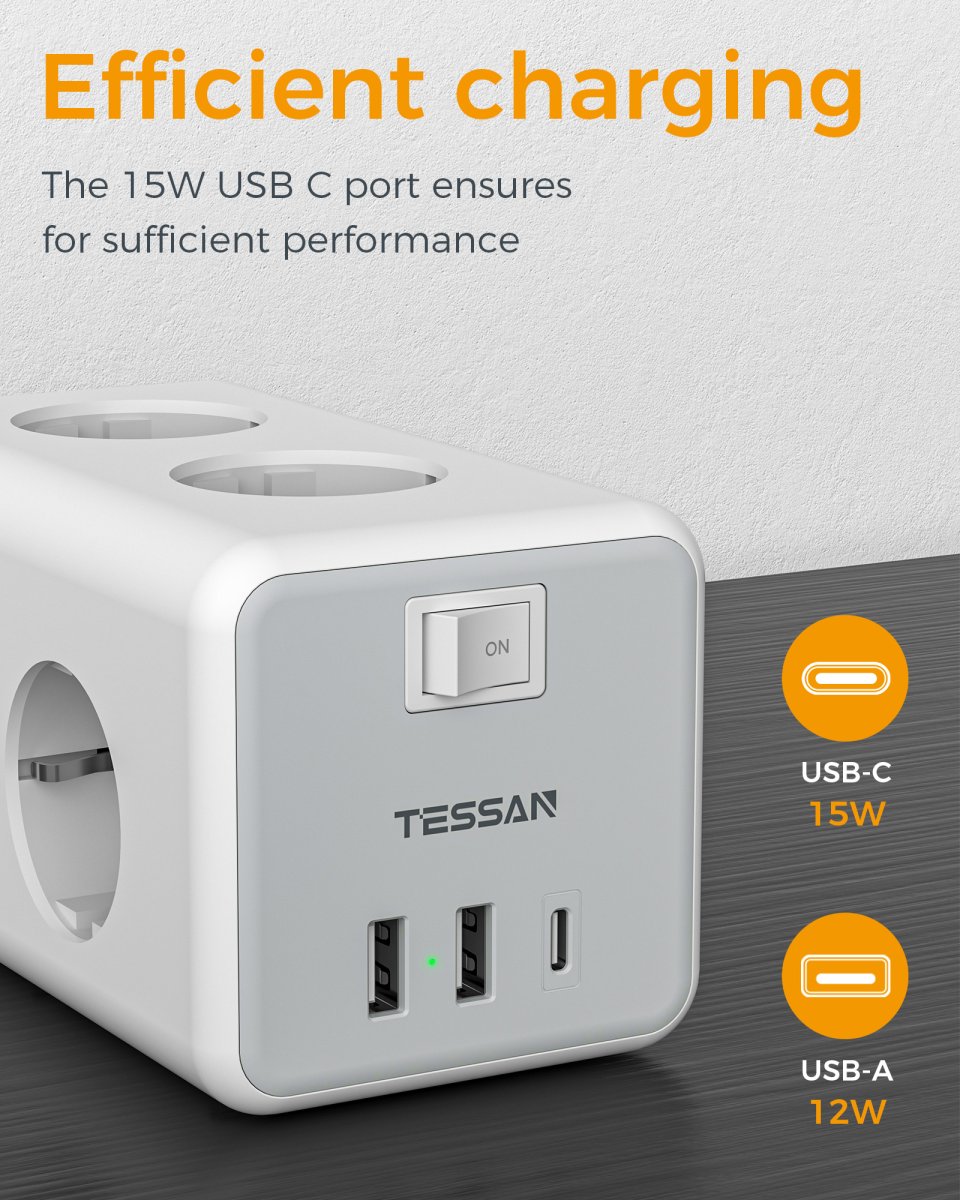 TESSAN European 6-Way Extension Cords with USB C, 9-in-1 Power Strip with Switch, Wall Mounting Multiple Plugs 3600W