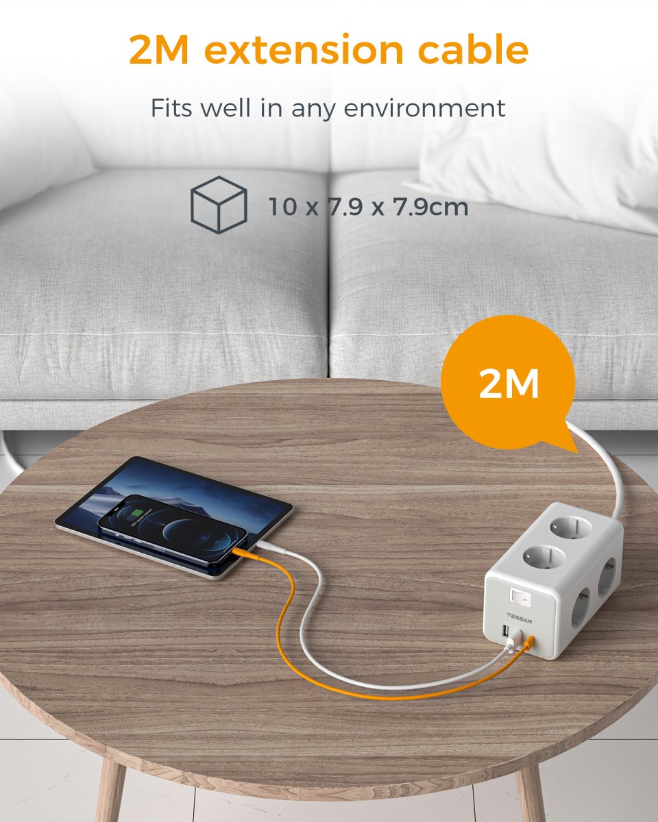 TESSAN European 6-Way Extension Cords with USB C, 9-in-1 Power Strip with Switch, Wall Mounting Multiple Plugs 3600W