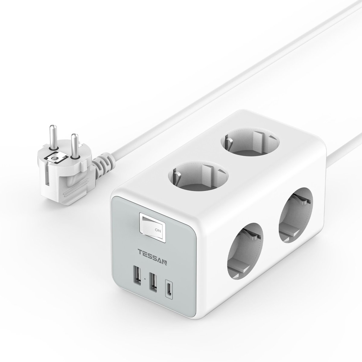 TESSAN European 6-Way Extension Cords with USB C, 9-in-1 Power Strip with Switch, Wall Mounting Multiple Plugs 3600W