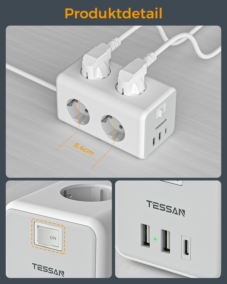 TESSAN European 6-Way Extension Cords with USB C, 9-in-1 Power Strip with Switch, Wall Mounting Multiple Plugs 3600W