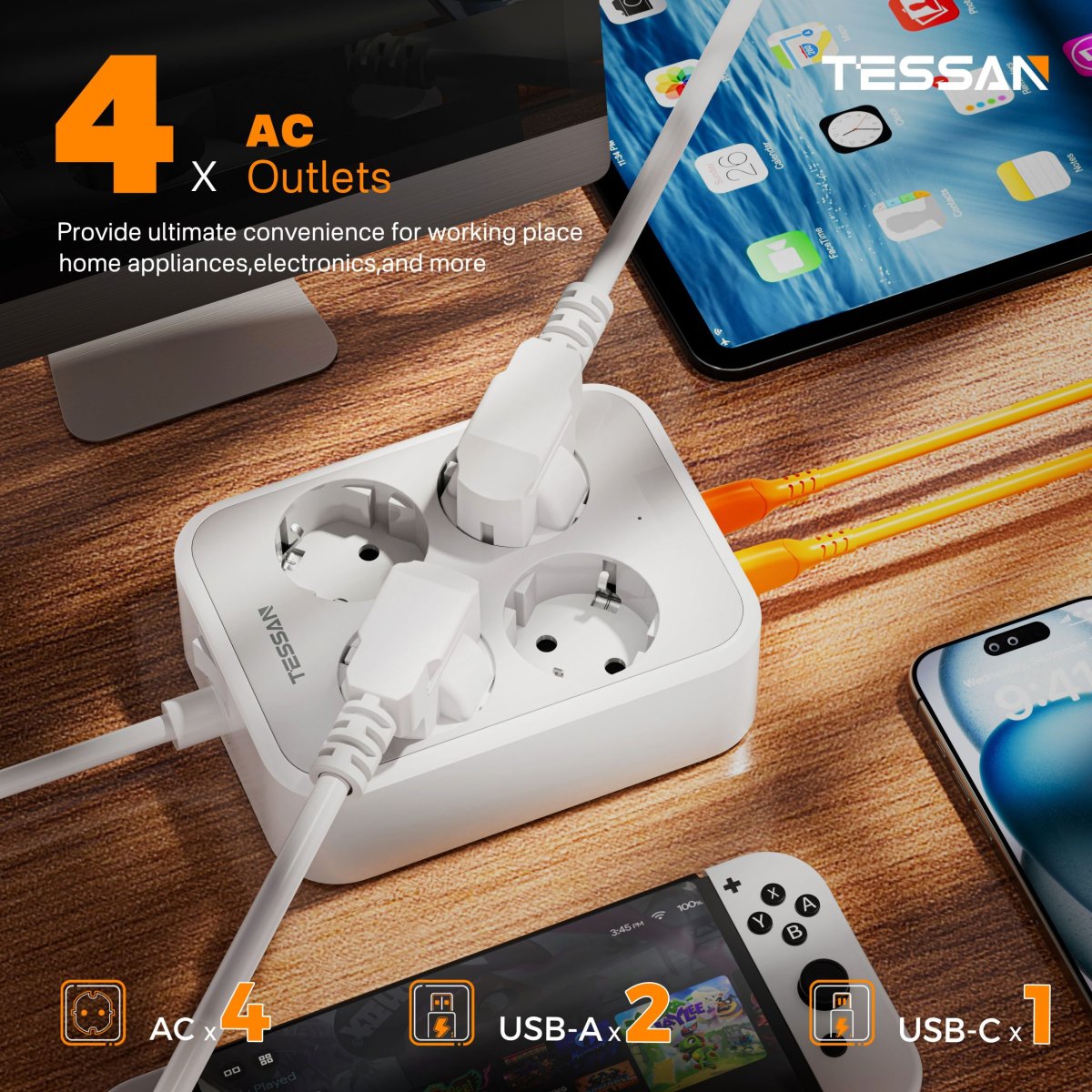 TESSAN European 7-Way Extension Cords with Fast Charging, Power Strip with Switch, Multiple Sockets 2M Extension Cable