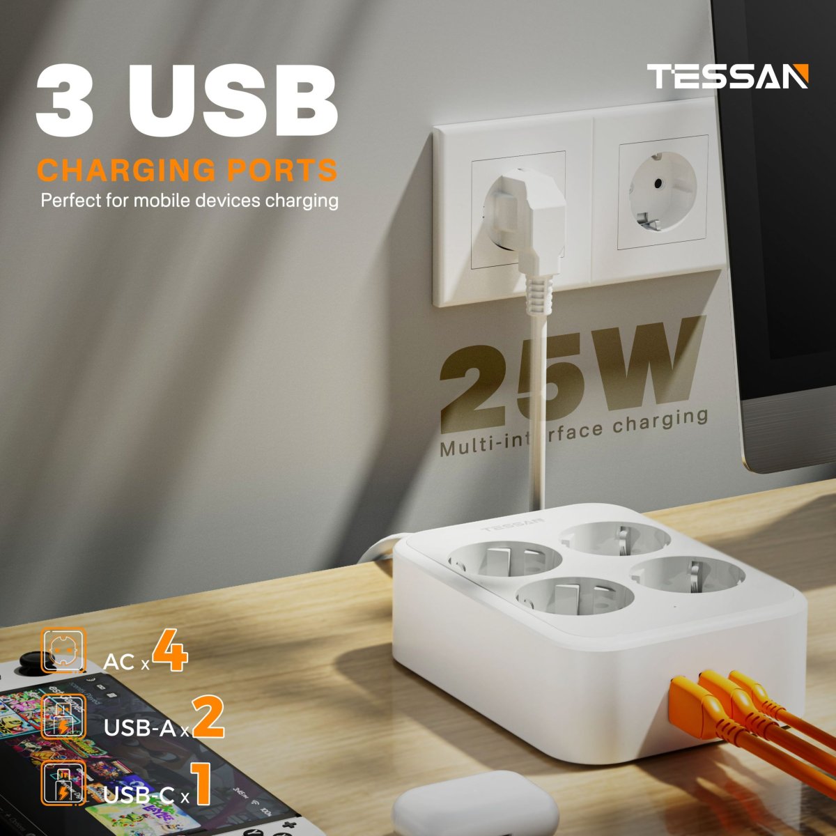 TESSAN European 7-Way Extension Cords with Fast Charging, Power Strip with Switch, Multiple Sockets 2M Extension Cable