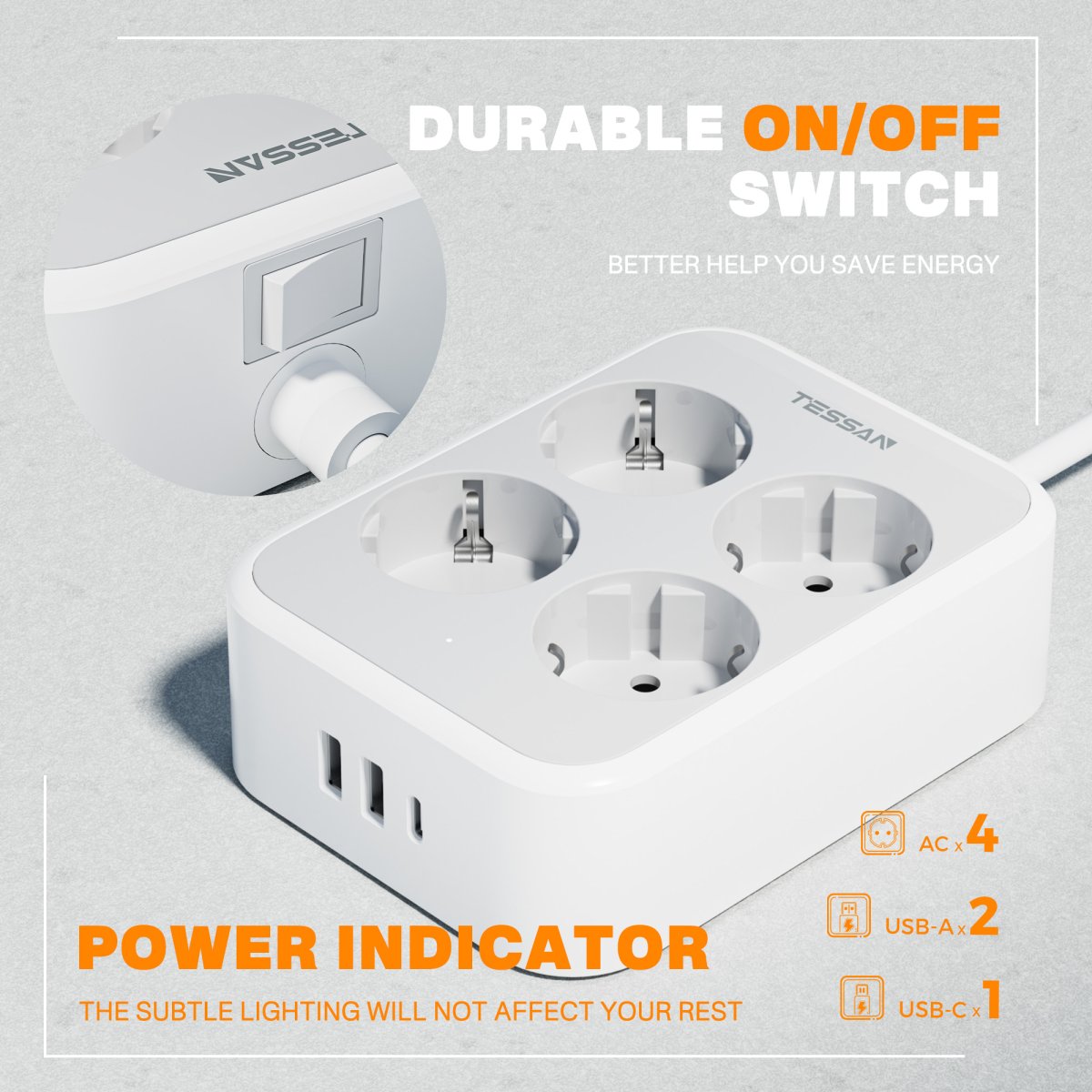 TESSAN European 7-Way Extension Cords with Fast Charging, Power Strip with Switch, Multiple Sockets 2M Extension Cable