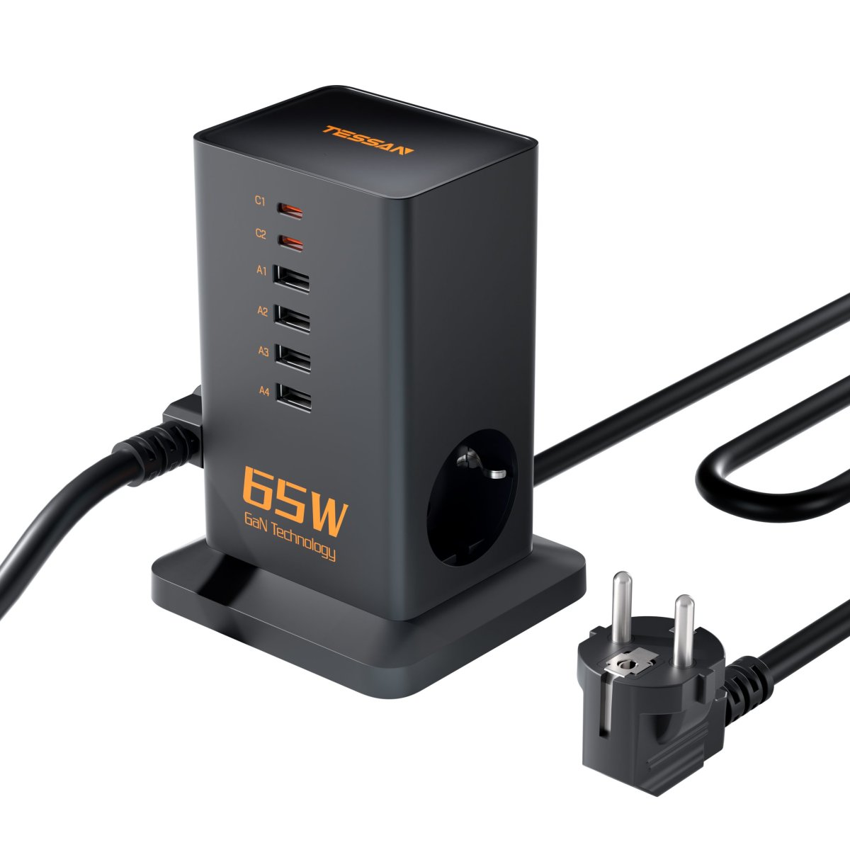 TESSAN European 8-Way Multiple Sockets with Fast Charging, Multiple Plugs with 6 USB, Extension Cords 3600W