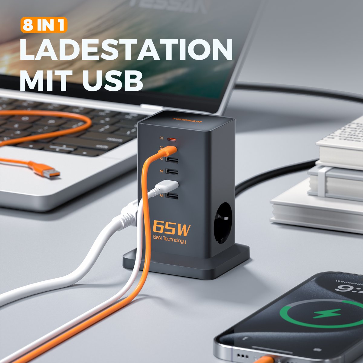 TESSAN European 8-Way Multiple Sockets with Fast Charging, Multiple Plugs with 6 USB, Extension Cords 3600W