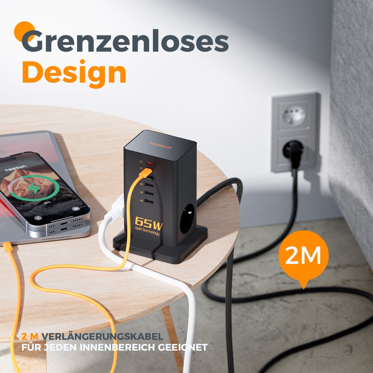 TESSAN European 8-Way Multiple Sockets with Fast Charging, Multiple Plugs with 6 USB, Extension Cords 3600W