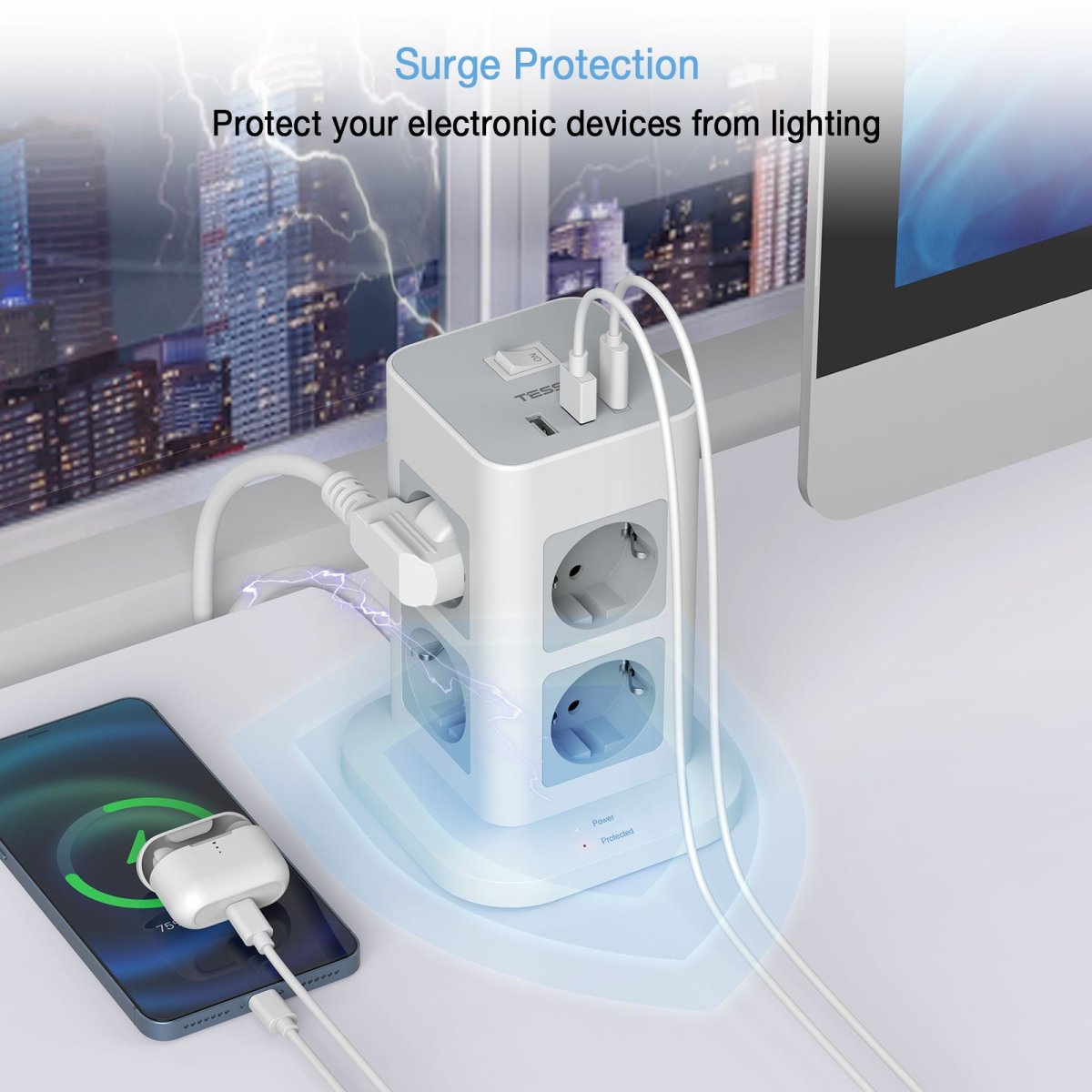 TESSAN European 8-Way Multiple Sockets with USB C, Power Strip Surge Protection, 3600W Socket Tower with Switch