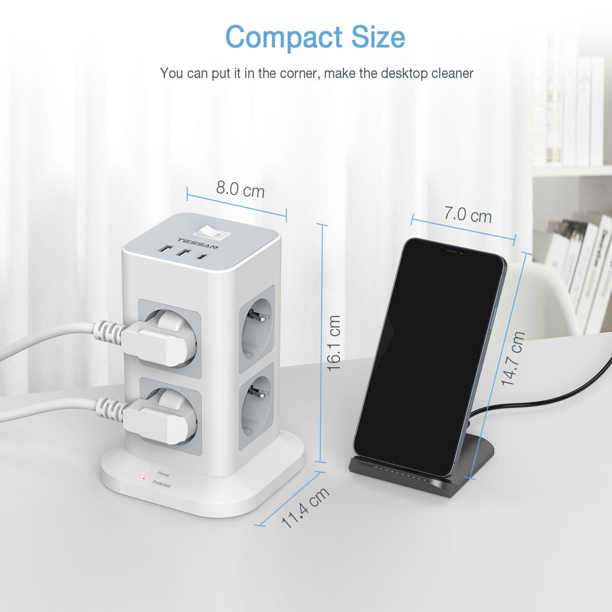TESSAN European 8-Way Multiple Sockets with USB C, Power Strip Surge Protection, 3600W Socket Tower with Switch