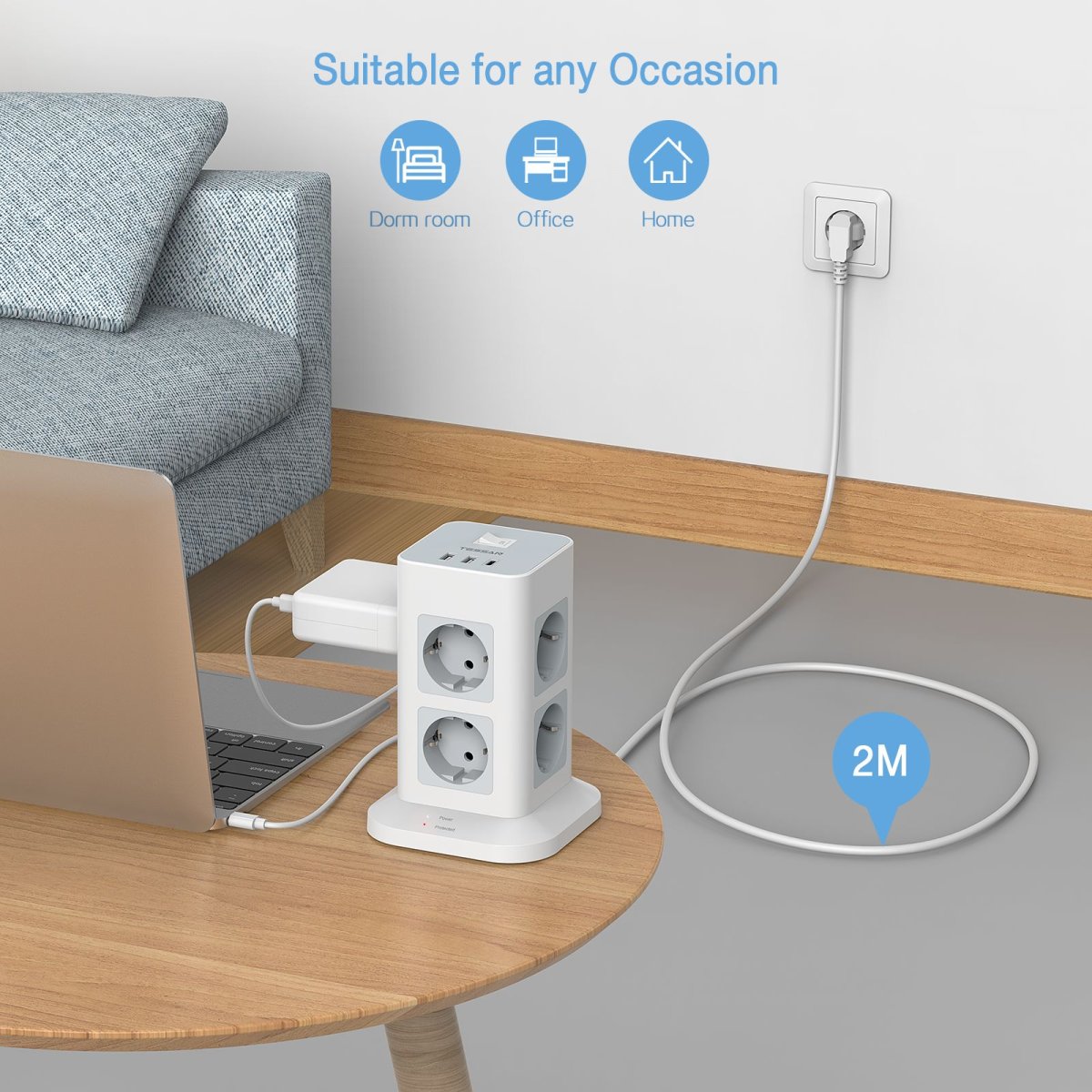 TESSAN European 8-Way Multiple Sockets with USB C, Power Strip Surge Protection, 3600W Socket Tower with Switch