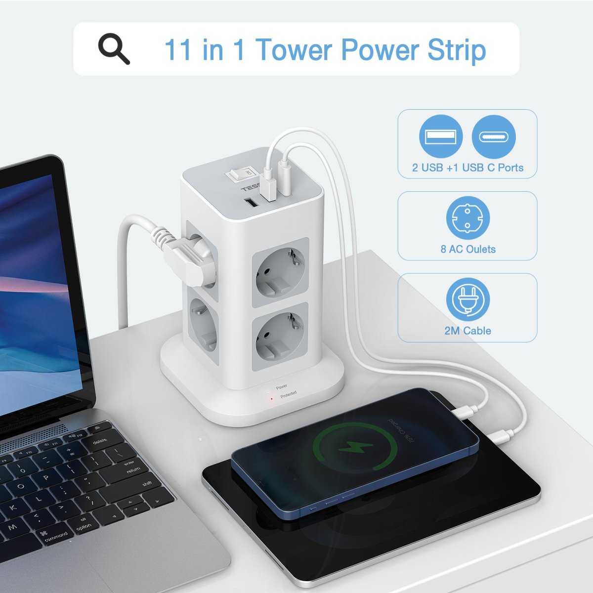 TESSAN European 8-Way Multiple Sockets with USB C, Power Strip Surge Protection, 3600W Socket Tower with Switch