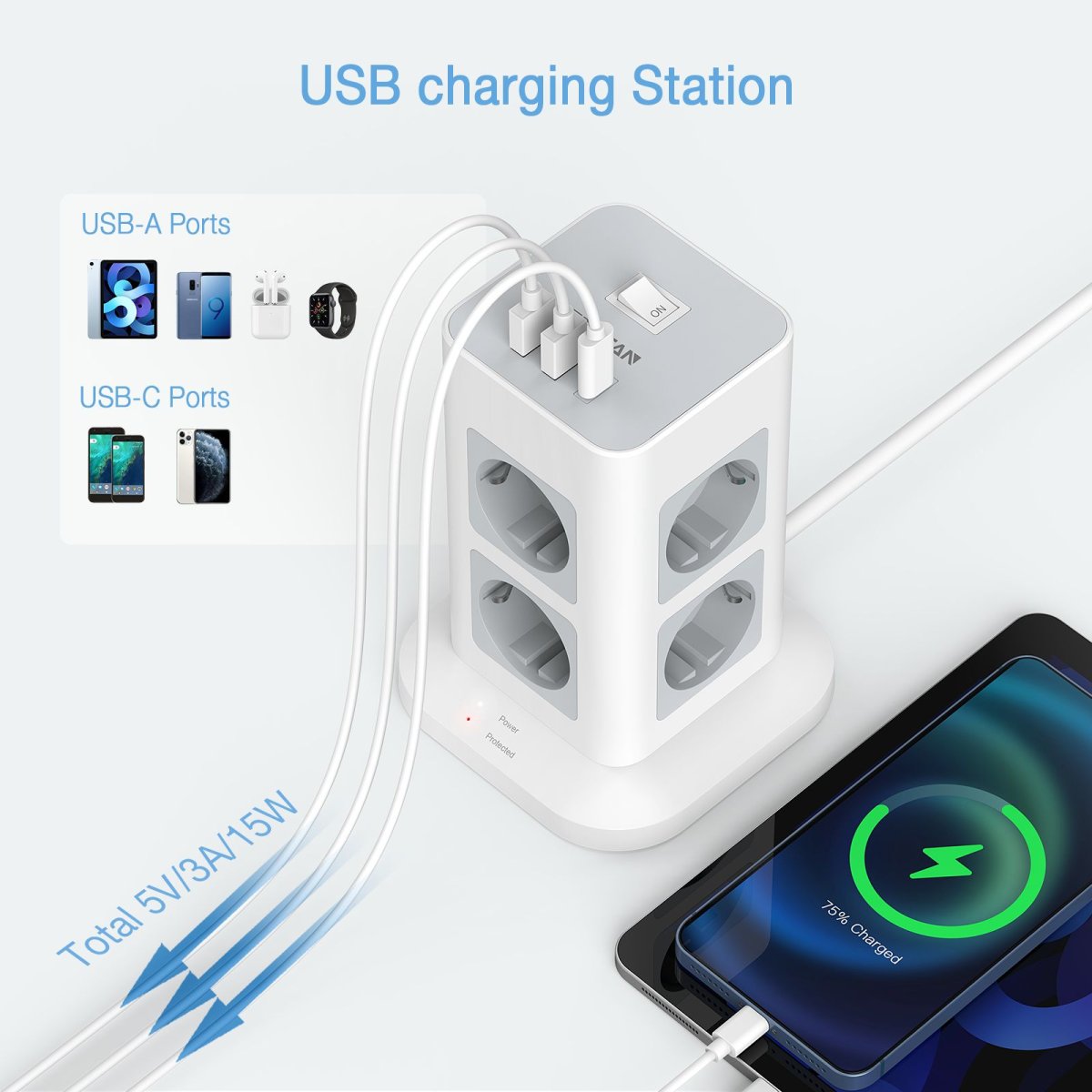 TESSAN European 8-Way Multiple Sockets with USB C, Power Strip Surge Protection, 3600W Socket Tower with Switch