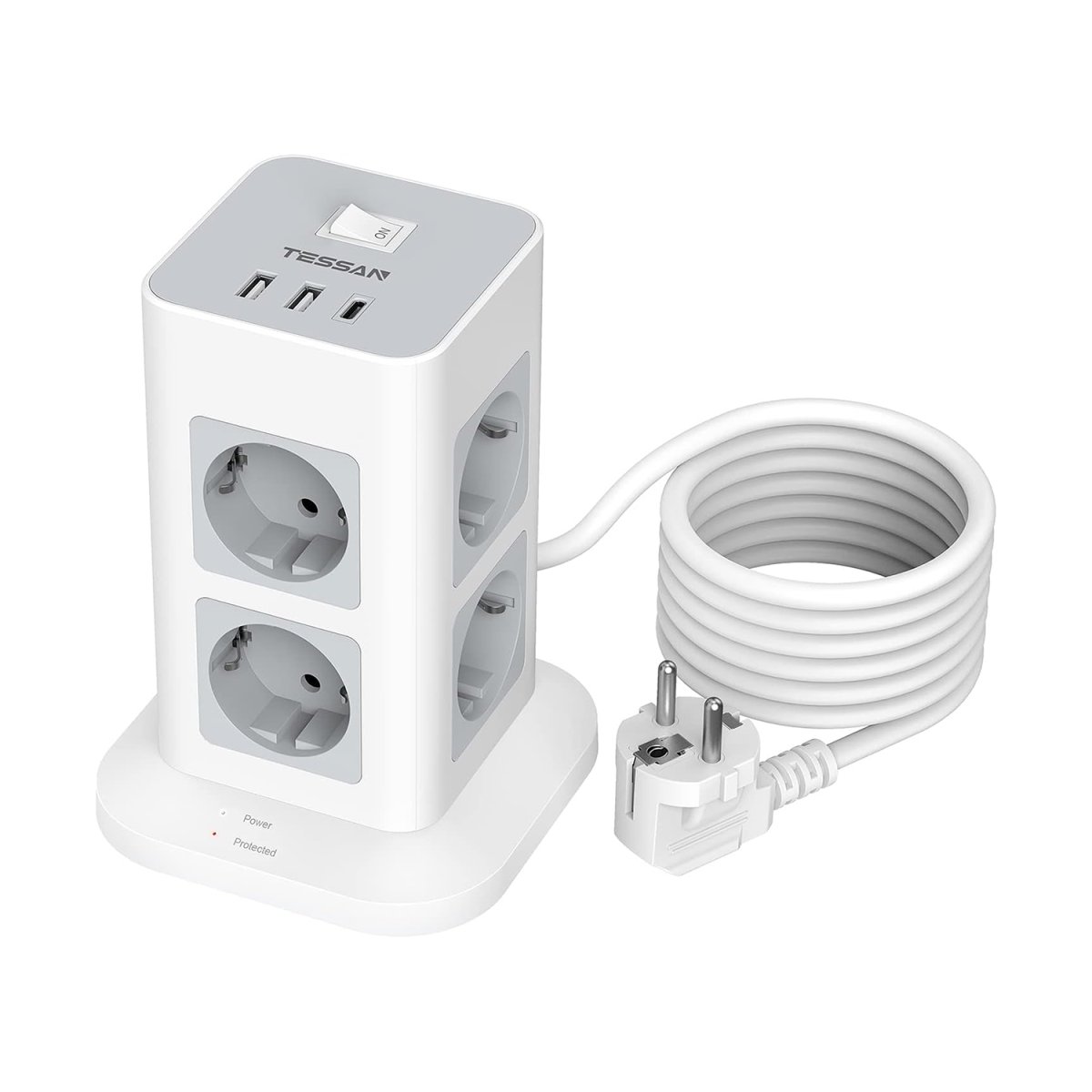 TESSAN European 8-Way Multiple Sockets with USB C, Power Strip Surge Protection, 3600W Socket Tower with Switch