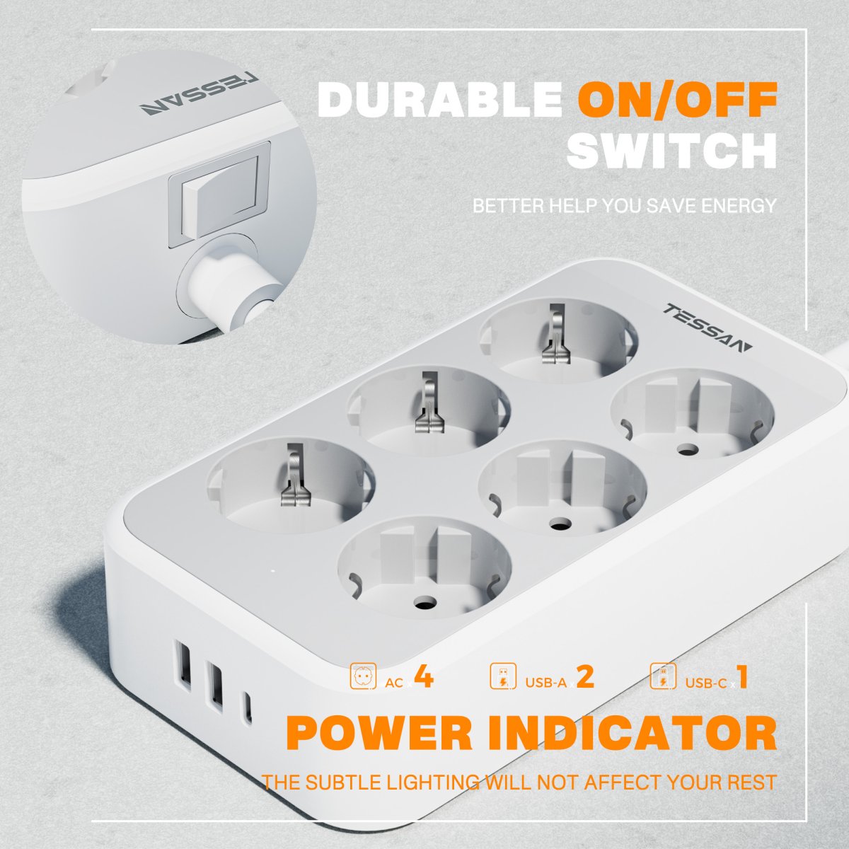 TESSAN European 9-Way Extension Cords with USB, Power Strip with 6 DE Outlets and USB C, Multiple Plugs with Fast Charging